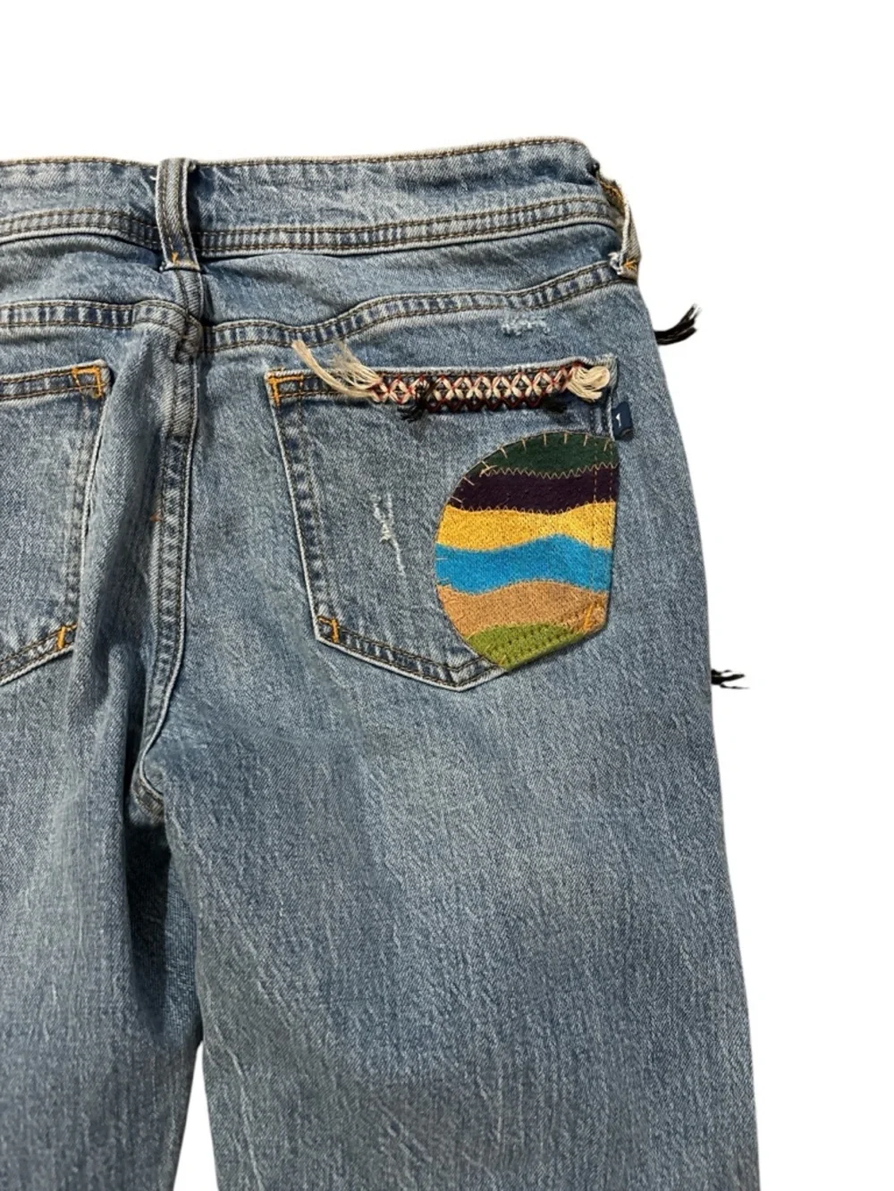 Pilcro Anthropologie Women’s Blue Patchwork Straight-Leg Boyfriend Jeans size 26 - Picture 12 of 14